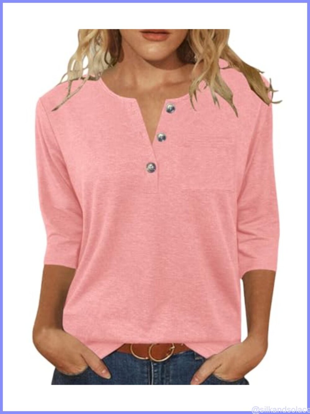 Womens 3/4 Sleeve V Neck Tunic Top Loose Casual T Shirt with Pocket